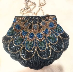 Vintage small beaded peacock navy gold green purse with chain strap